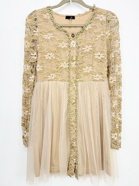 Ryu Whimsical Tan Floral Mesh Lace Tulle Skirt Long Sleeve Button Front Dress